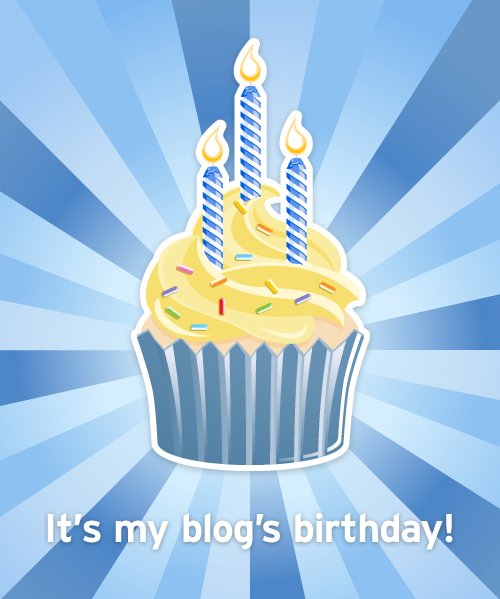 Graphic of a cupcake with three candles, captioned It's my blog's birthday!